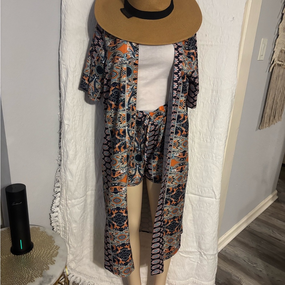 Bohemian Patterned Kimono and Shorts Set